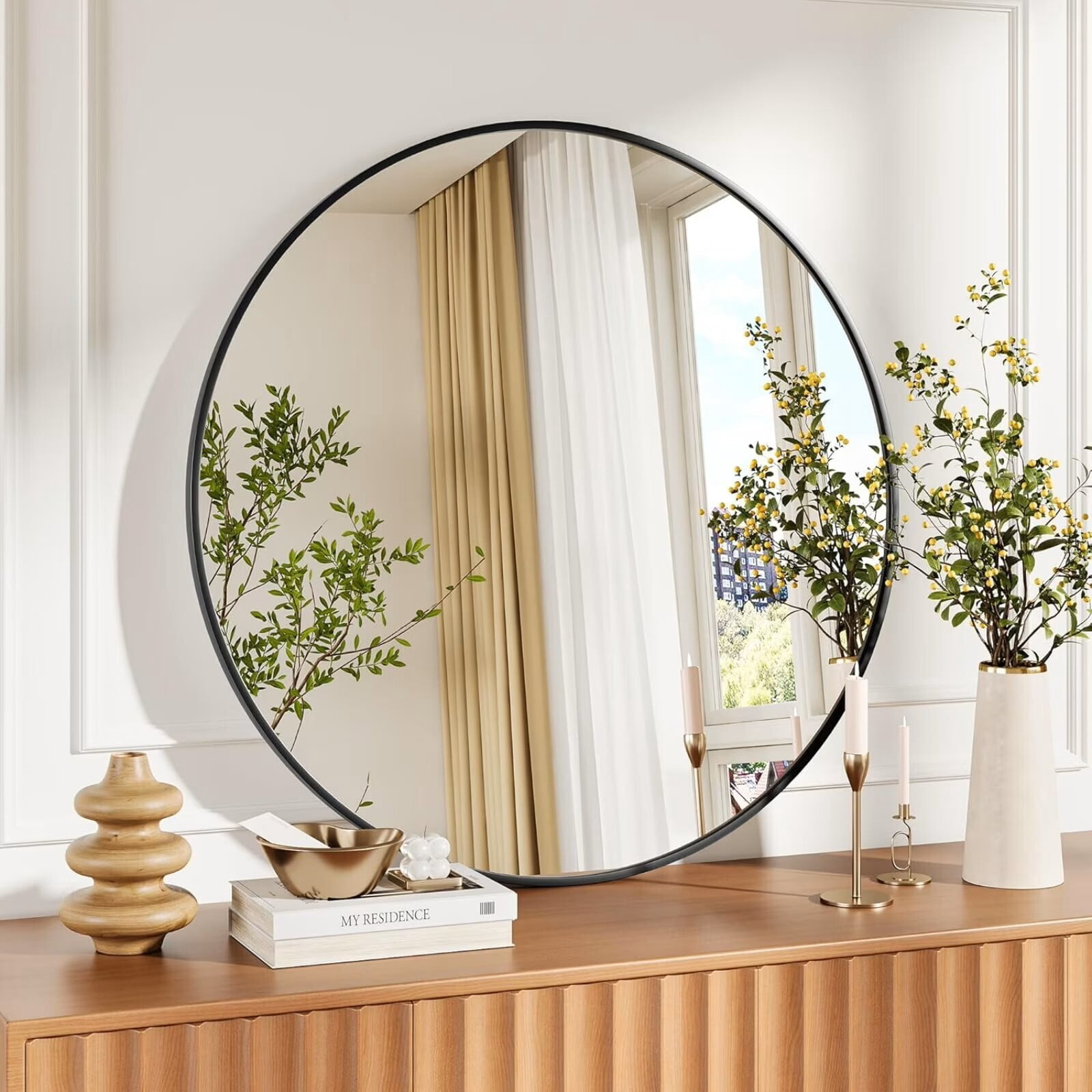 Mirrasia 24" Circle Mirror Wall Mounted Round Mirror with Metal Frame, Black