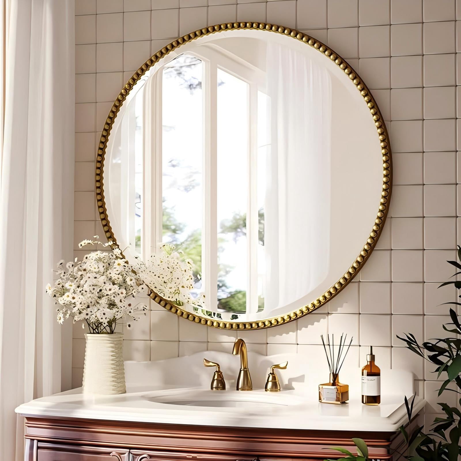 Mirrasia 24" Round Wall Mirror Decoration Hanging Mirror With Beaded Frame,Gold