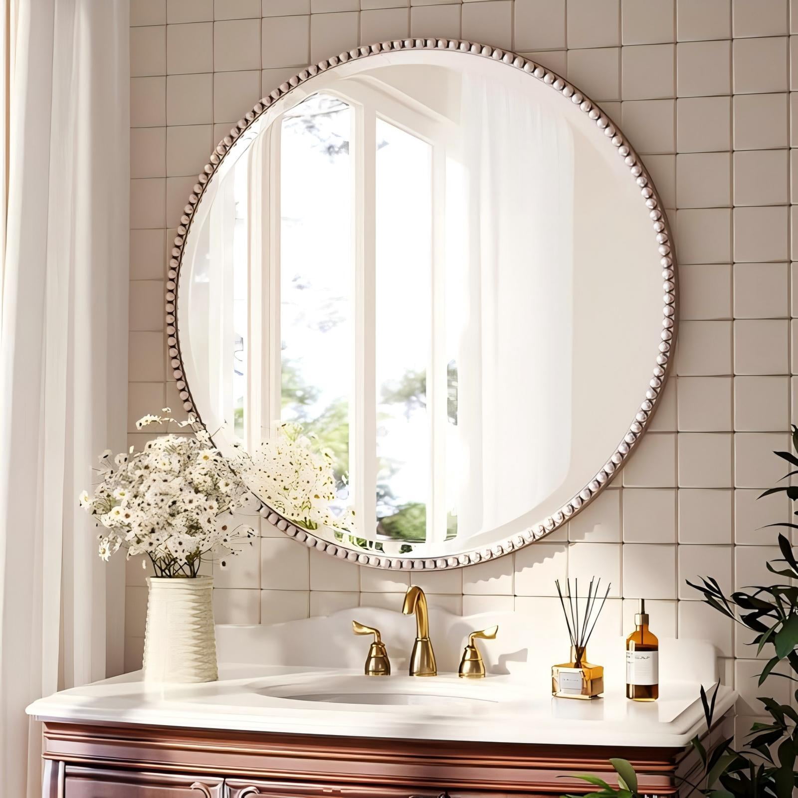 Mirrasia 24" Round Wall Mirror Decoration Hanging Mirror With Beaded Frame,Silver