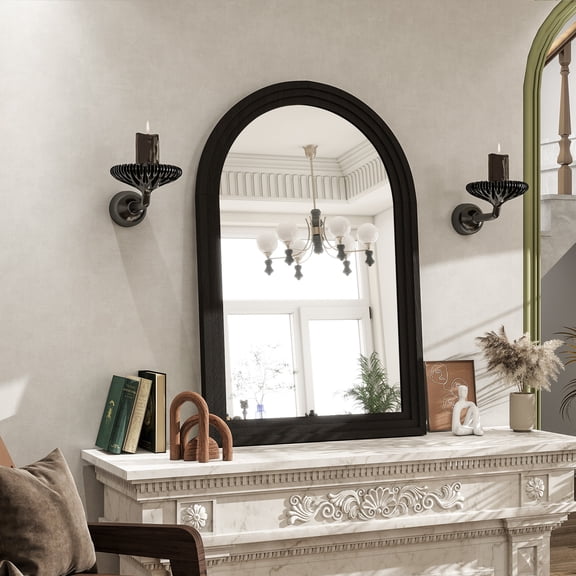 Mirrasia 24"x 36" Arched Vanity Mirror Decor Wall Mirror with Solid Wood Frame, Black