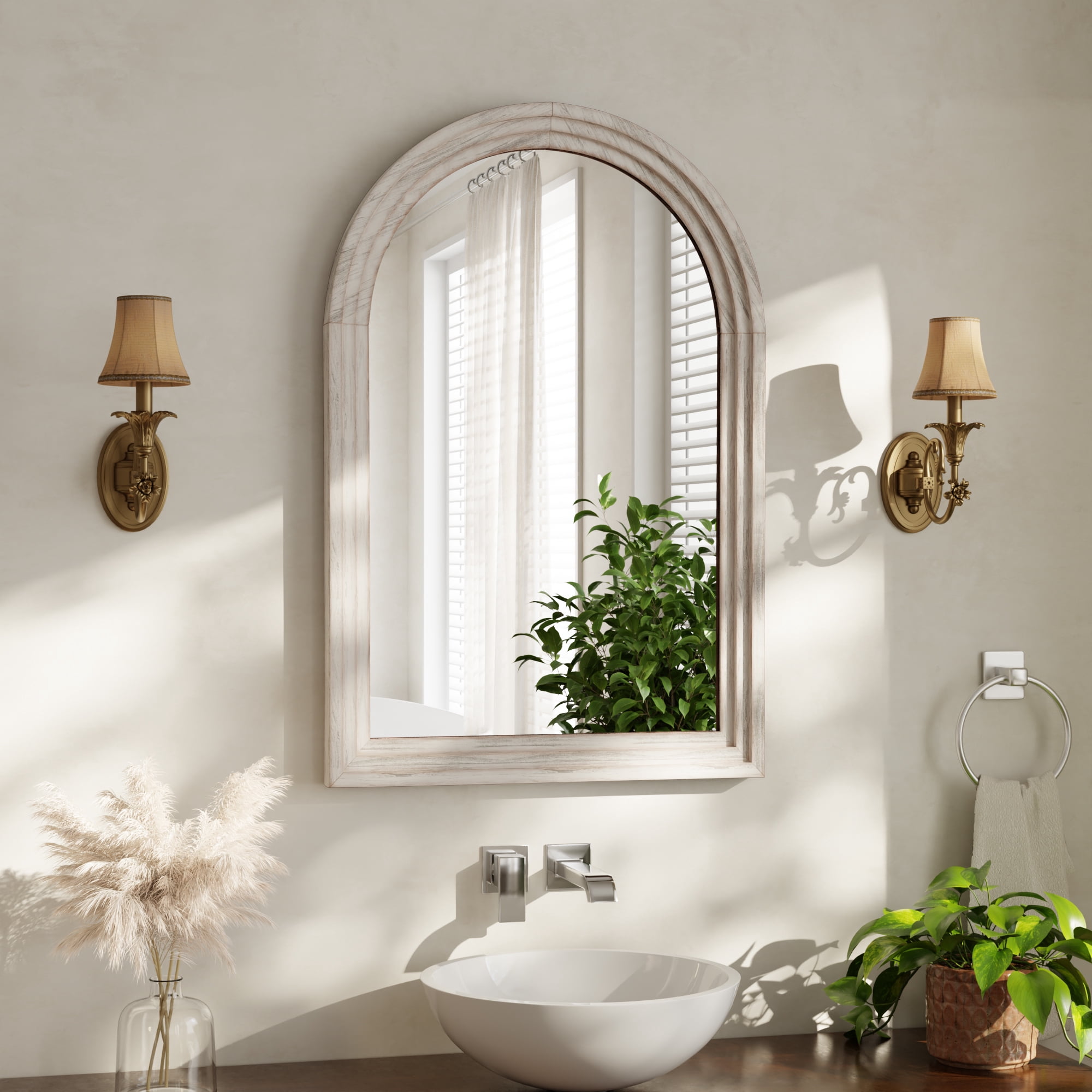 Mirrasia 24"x 36" Arched Vanity Mirror Decor Wall Mirror with Solid Wood Frame, White
