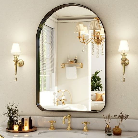 Mirrasia 24"x36" Arched Bathroom Mirror Rounded Corner Wall Mirror with Metal Deep Frame, Black
