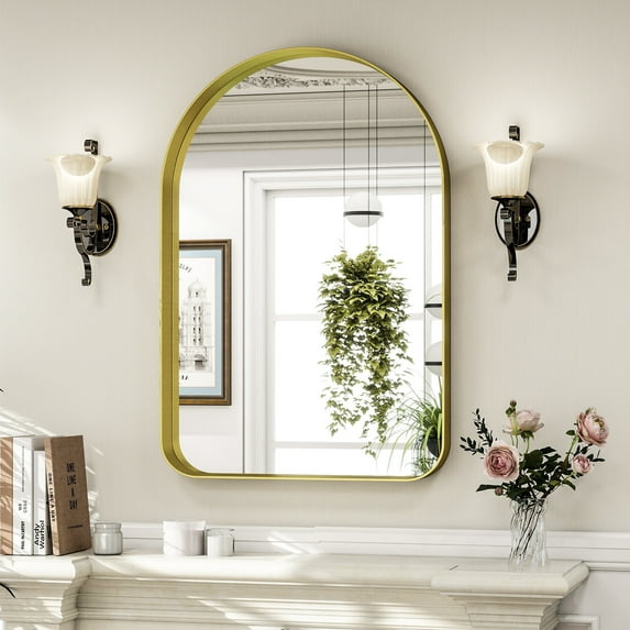 Mirrasia 26"x38" Arched Bathroom Mirror Rounded Corner Wall Mirror with Metal Deep Frame, Gold