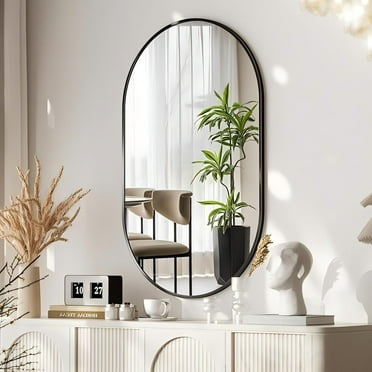 Mirrasia 30" x 17" Oval Bathroom Wall Mirror with Metal Frame Wall Mounted, Black