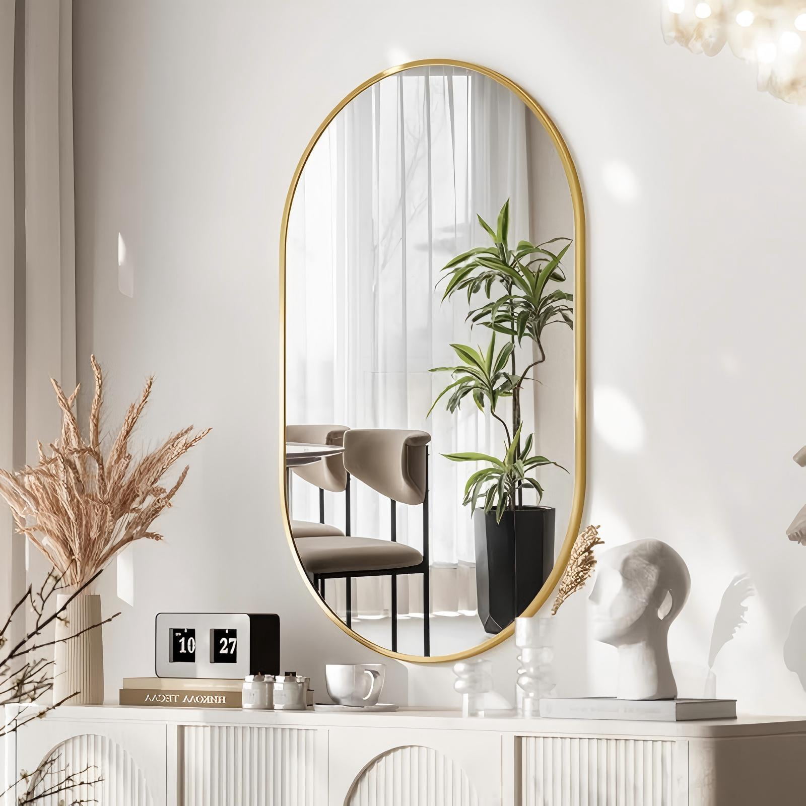 Mirrasia 30" x 17" Oval Bathroom Wall Mirror with Metal Frame Wall Mounted, Gold