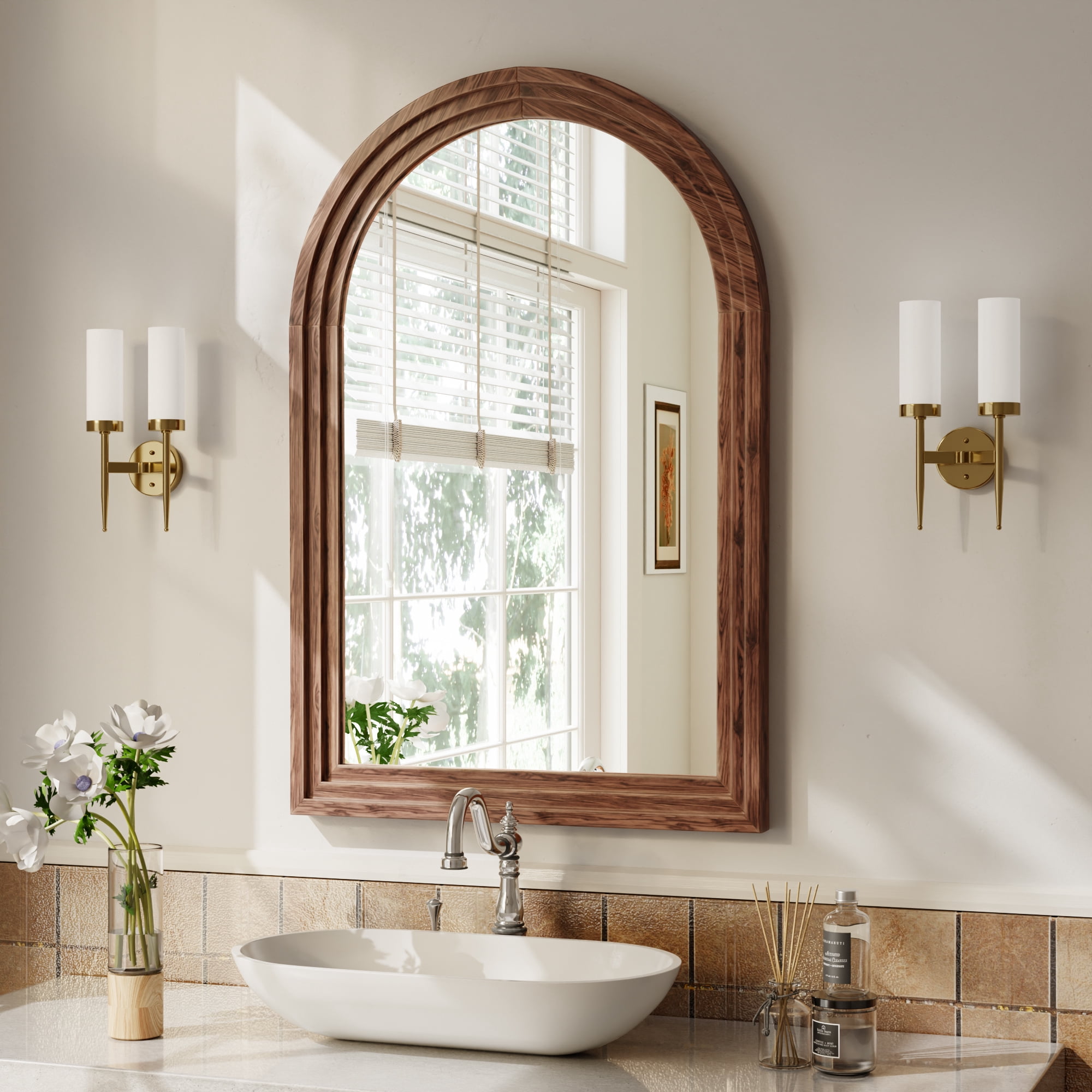 Mirrasia 30"x 40" Arched Vanity Mirror Decor Wall Mirror with Solid Wood Frame, Brown