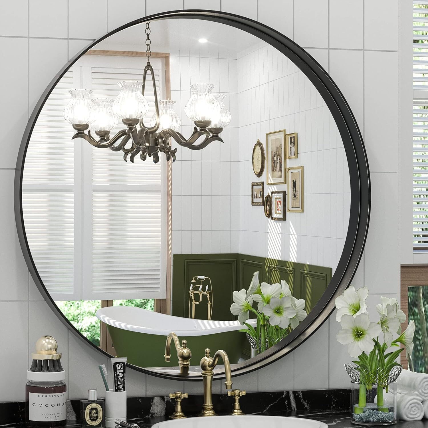 Mirrasia 30"x30" Round Bathroom Mirror Deep Frame Wall Mounted,Black