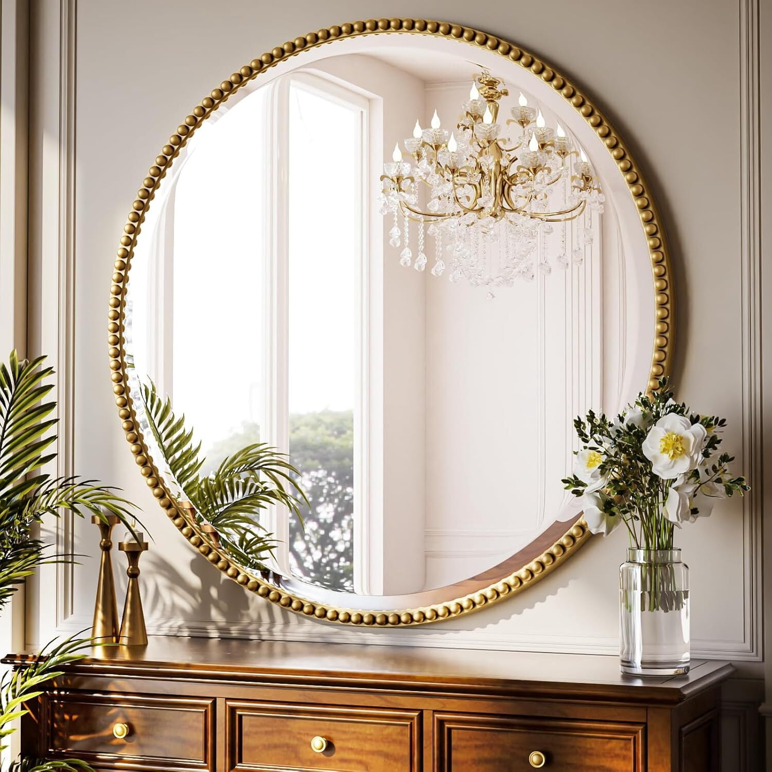 Mirrasia 32" Round Wall Mirror Decoration Hanging Mirror With Beaded Frame,Gold