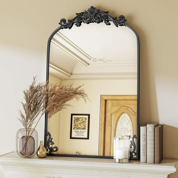 Mirrasia 36.2"x 24" Vintage Mirror Decorative Mirror Arched Baroque Mirror Hanging,Black