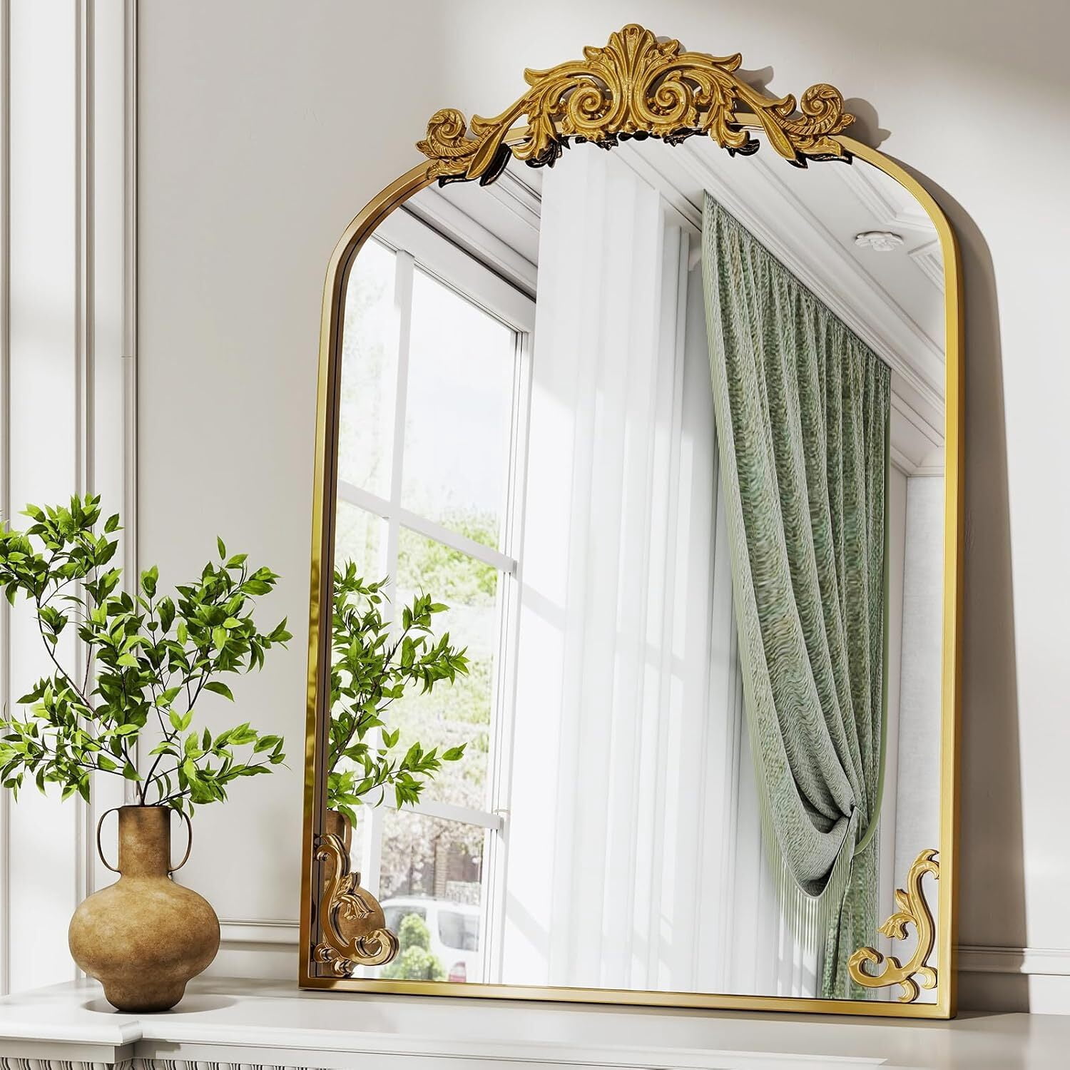 Mirrasia 36.2"x 24" Vintage Mirror Decorative Mirror Arched Baroque Mirror Hanging,Gold