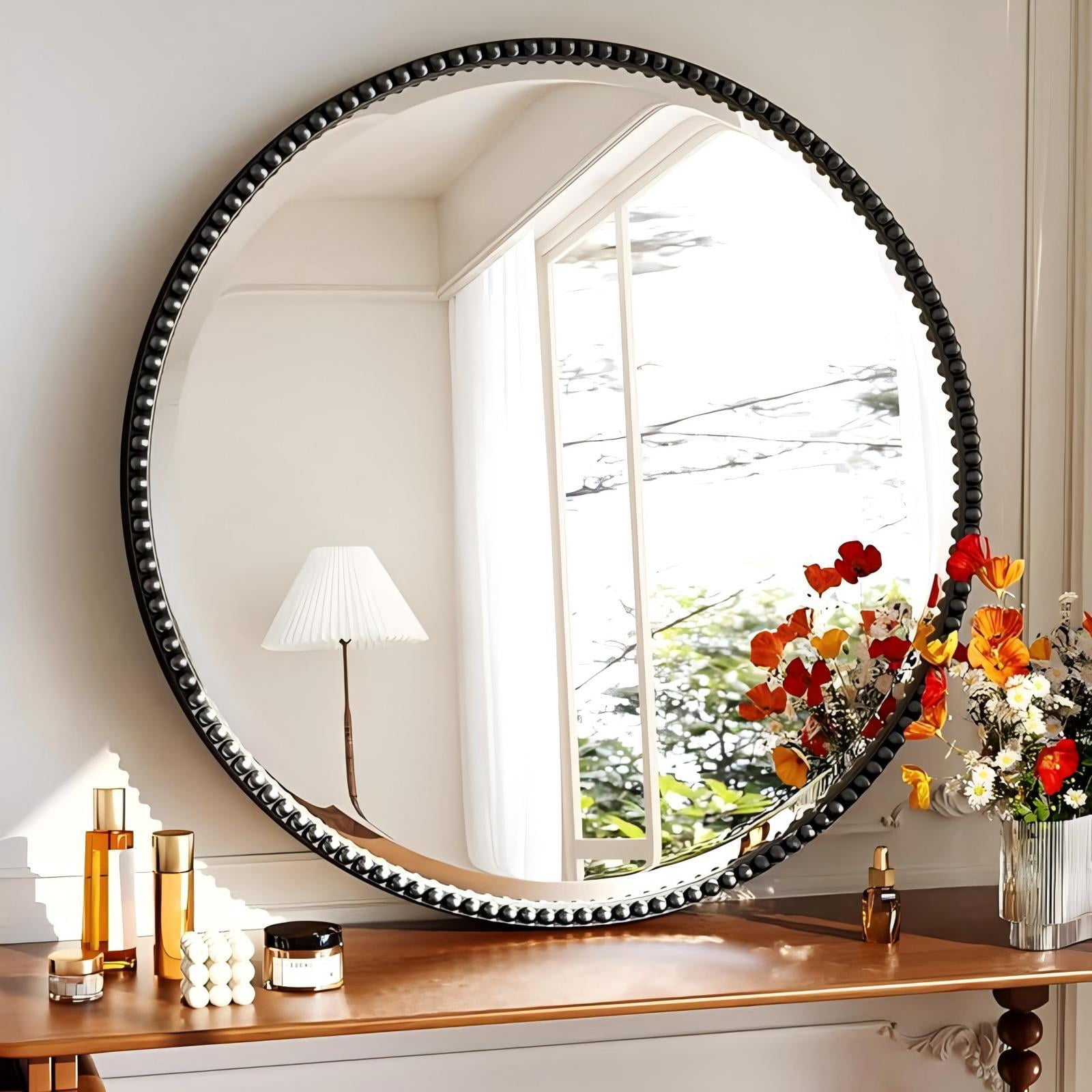 Mirrasia 36" Round Wall Mirror Decoration Hanging Mirror With Beaded Frame,Black