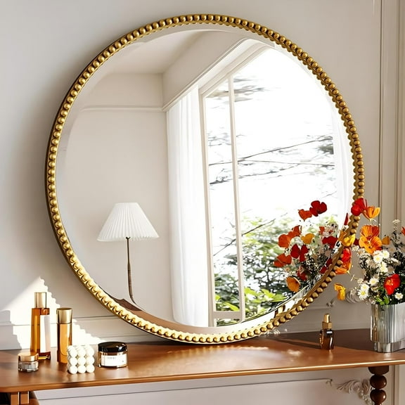 Mirrasia 36" Round Wall Mirror Decoration Hanging Mirror With Beaded Frame,Gold