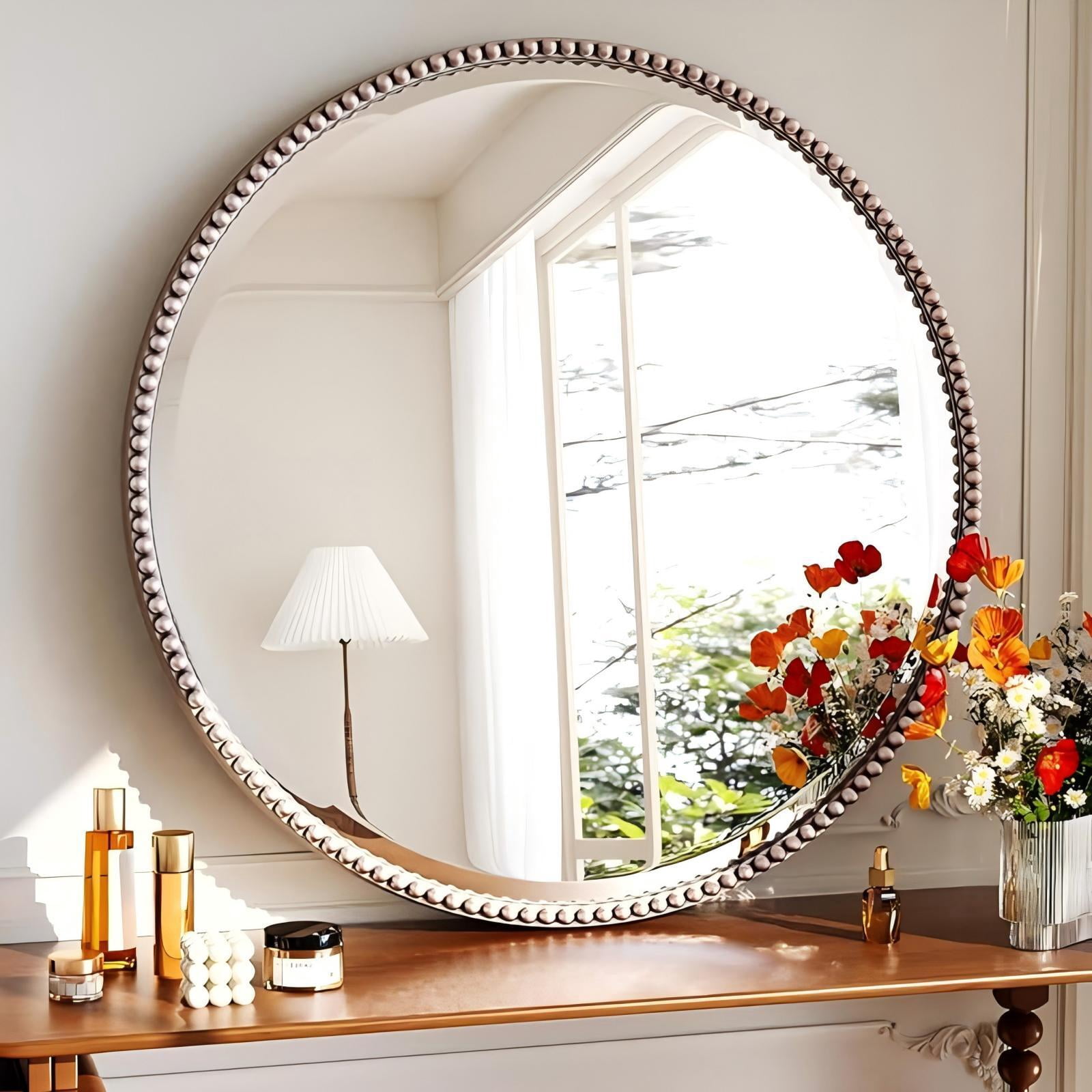 Mirrasia 36" Round Wall Mirror Decoration Hanging Mirror With Beaded Frame,Silver
