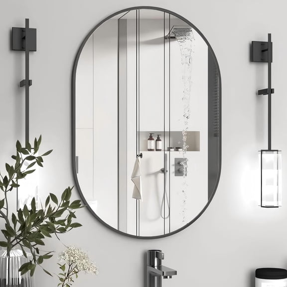 Mirrasia 36" x 20" Oval Bathroom Wall Mirror with Metal Frame Wall Mounted, Black