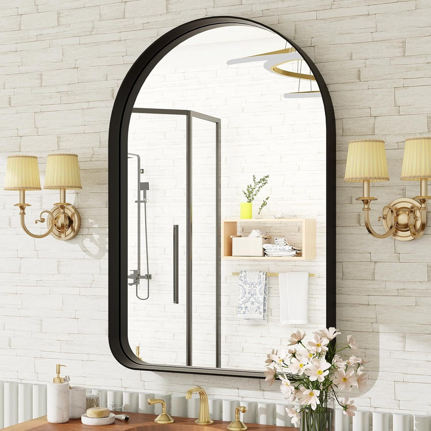 Mirrasia 36"x 24"Arched Bathroom Mirror Wall Mounted Deep Frame,Black