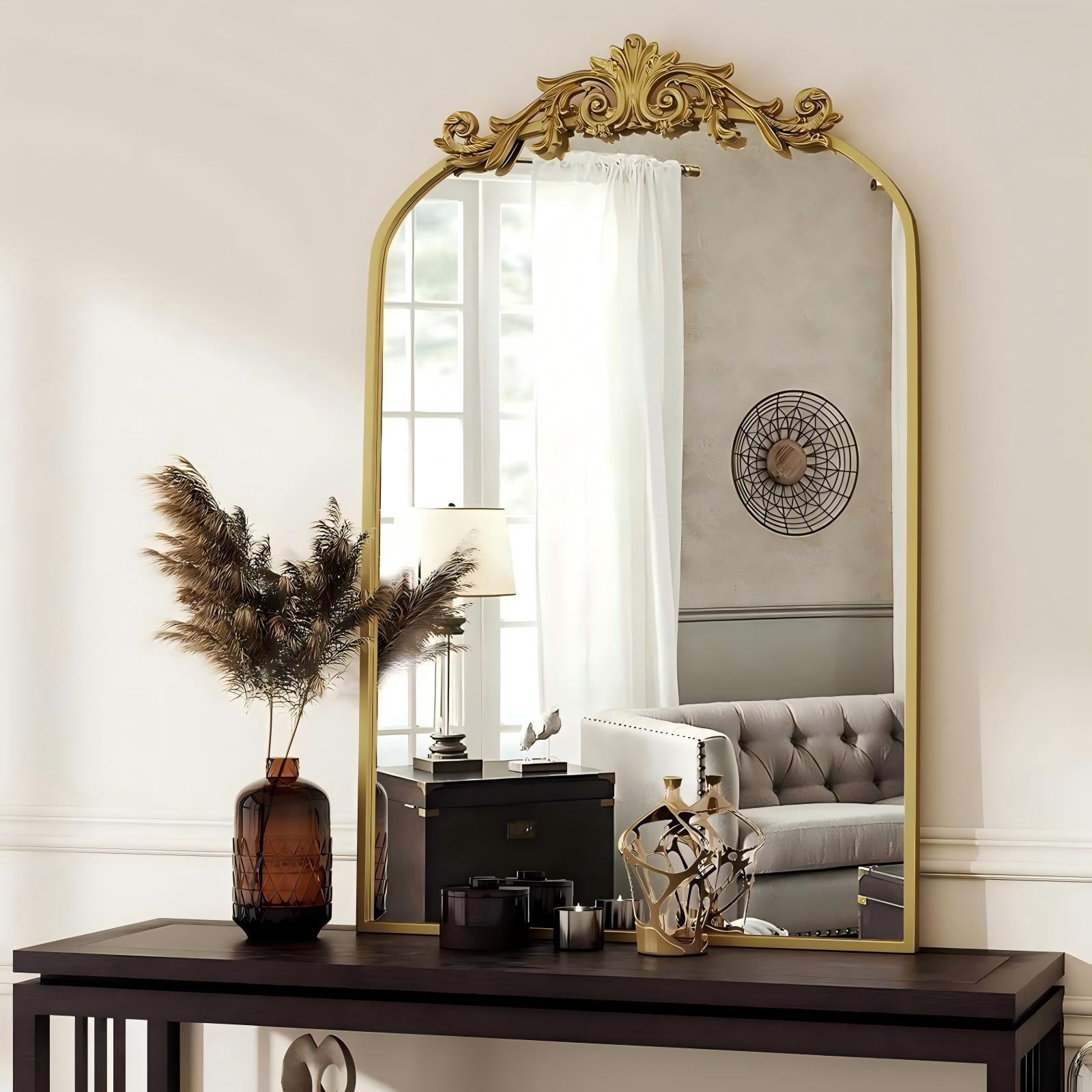 Mirrasia 36" x 24" Vintage Arched Wall Mirror Retro Metal Frame Vanity Mirror with Carved Top, Gold