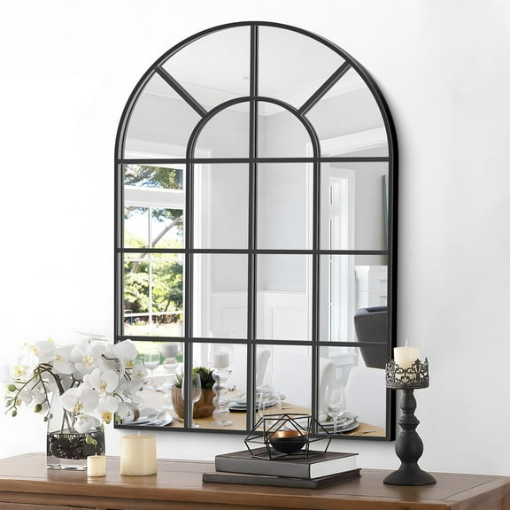 Mirrasia 40"x 24"Arched Mirror Windowpane Wall Mounted Mirror Decorative,Black