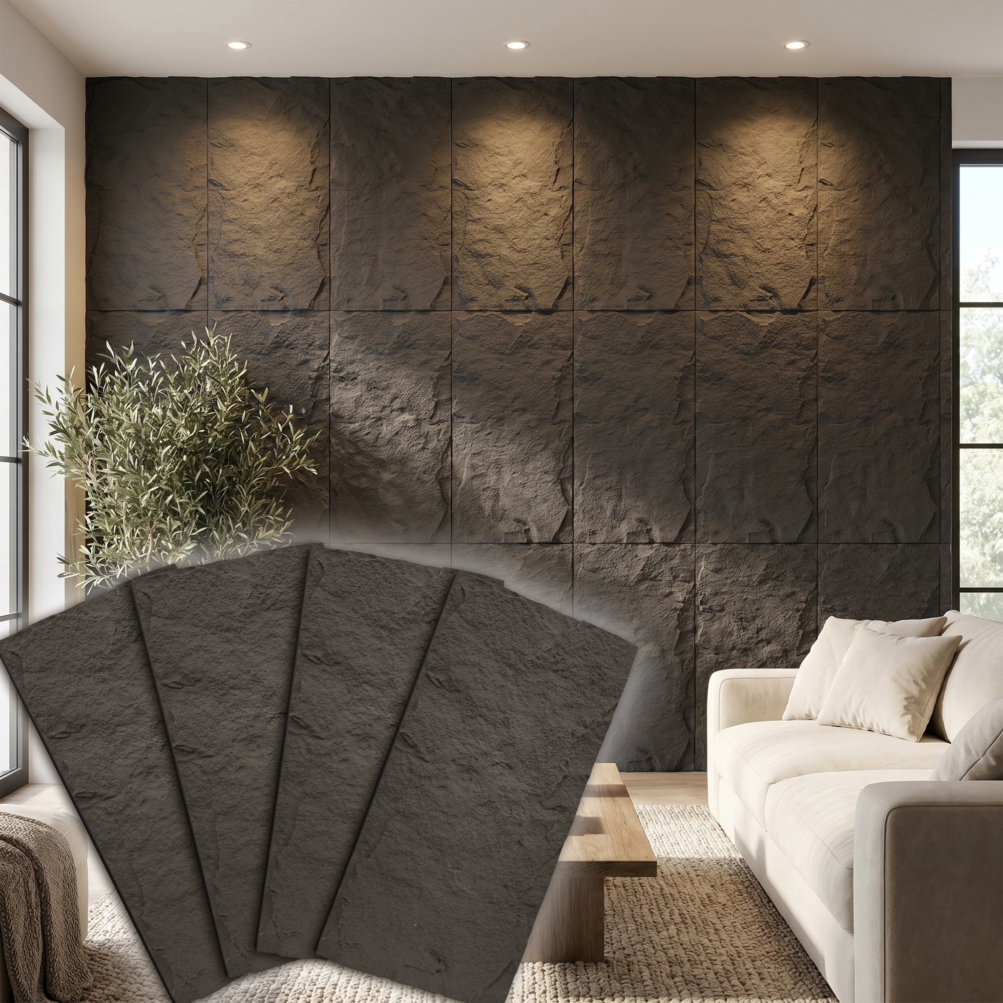 Mirrasia 4PCS 48"x 24" 3D Wall Decor Wall Panels Faux Stone Siding, Carbon Black