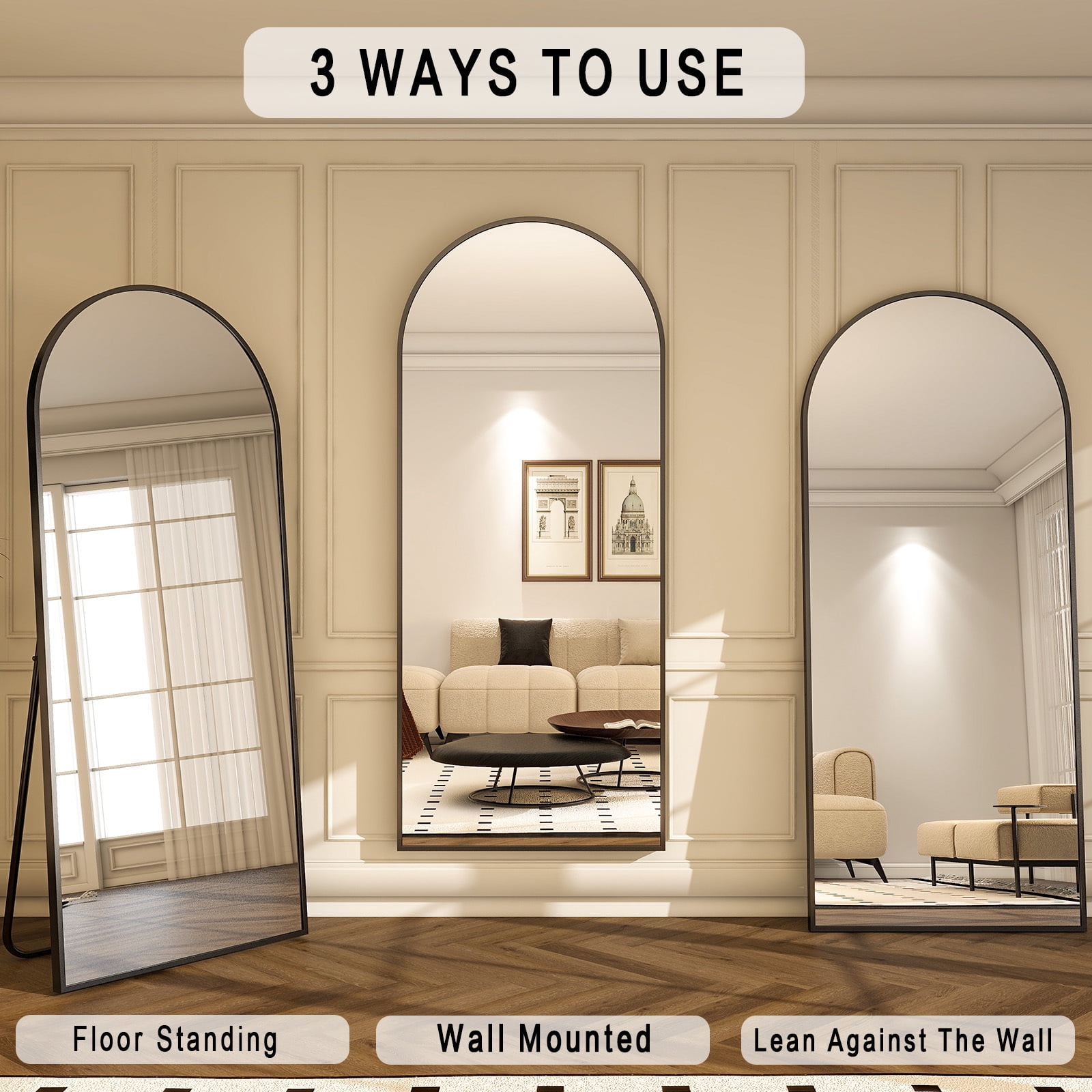 Anyrose 56"x21" Arched Modern Full Length Mirror Standing Floor Mirror with Aluminum Frame, Black