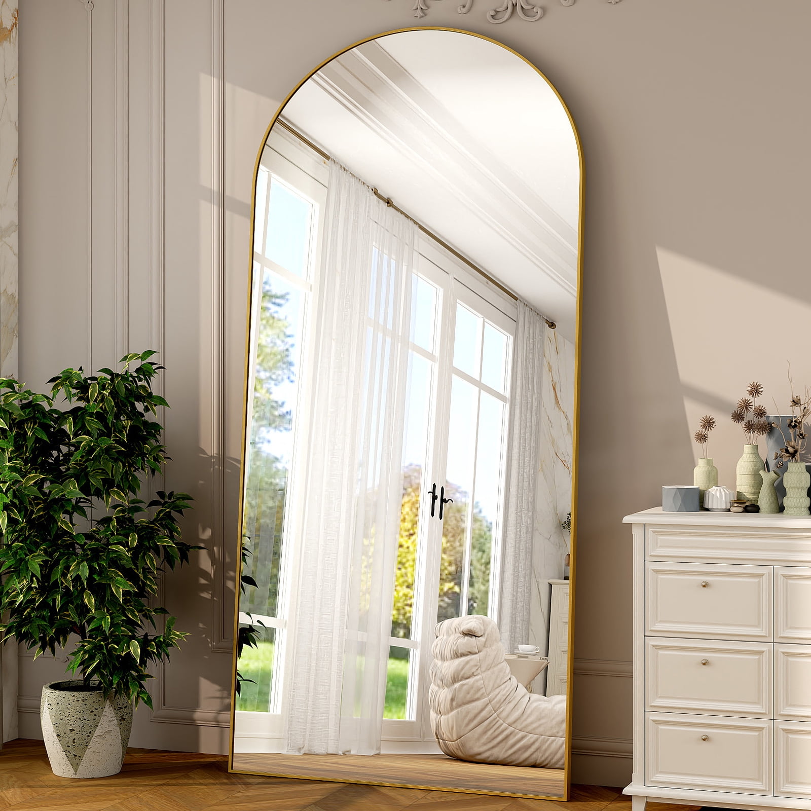 Mirrasia 76"x34" Arched Oversized Full Length Mirror Wall-Mounted Leaning Floor Mirror,Gold