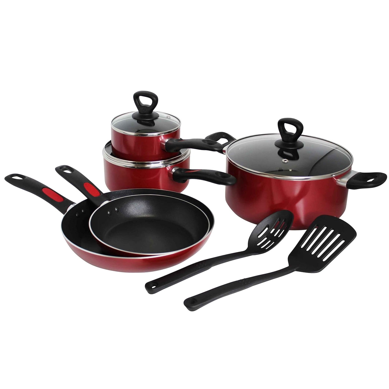 Red Aluminum Non-Stick 10-Piece Cookware Set with Soft-Grip Handles