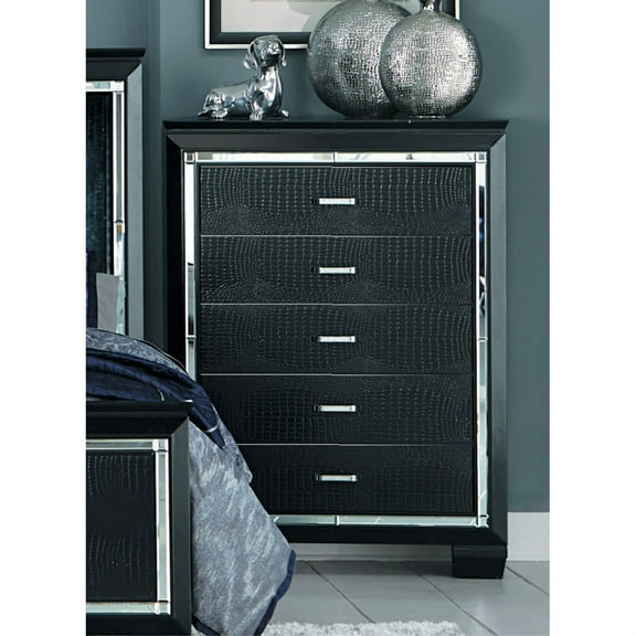 Mirror Accented Wooden Chest With 5 Drawers, Black
