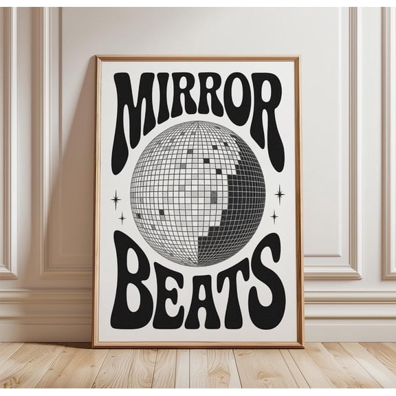 Mirror Beats Poster Disco Ball Music Wall Art Retro Typography Print