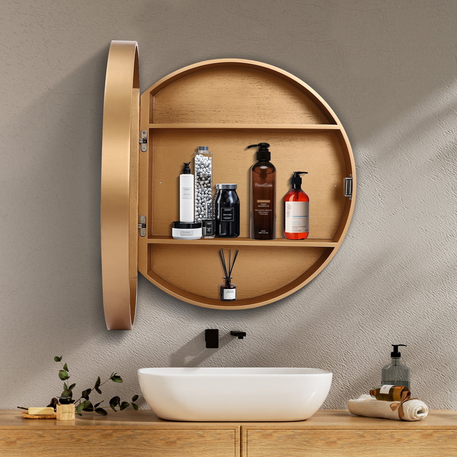 Mirror Cabinet Round Vanity Mirror Wood Frame Wall Cabinet with 3 Shelves for Bathroom Walmart