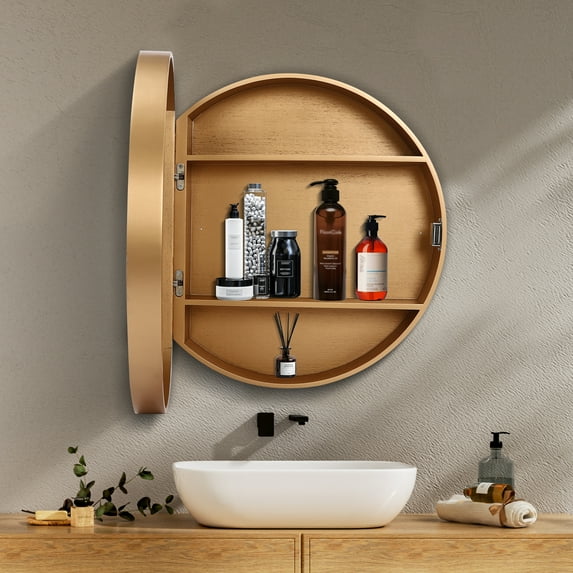 Mirror Cabinet Round Vanity Mirror Wood Frame Wall Cabinet with 3 Shelves for Bathroom