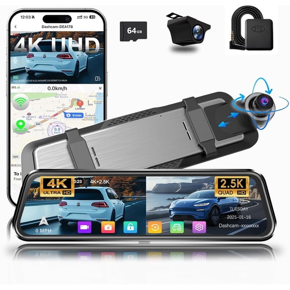 Mirror Cam 4K Front and 2.5K Rear, IMX415 Rearview Mirror Camera for , 5.8GHz WiFi, WDR, G-Sensor, Night Vision, Reverse Assist, Included 64GB Card