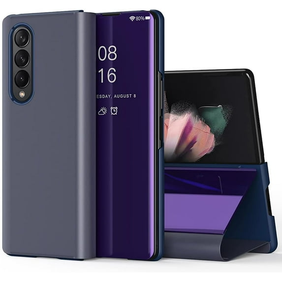 Mirror Case for Samsung Galaxy Z Fold4 5G with Kickstand, Luxury Clear View Smart Display Flip Case Ultra Thin with Wireless Charging Phone Cover for Samsung Galaxy Z Fold 4 QH Purple