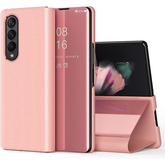 Mirror Case for Samsung Galaxy Z Fold4 5G with Kickstand, Luxury Clear View Smart Display Flip Case Ultra Thin with Wireless Charging Phone Cover for Samsung Galaxy Z Fold 4 QH Rose Gold