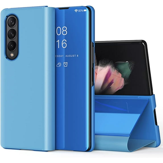 Mirror Case for Samsung Galaxy Z Fold4 5G with Kickstand, Luxury Clear View Smart Display Flip Case Ultra Thin with Wireless Charging Phone Cover for Samsung Galaxy Z Fold 4 QH Blue