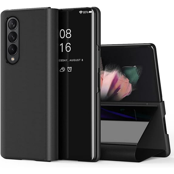 Mirror Case for Samsung Galaxy Z Fold4 5G with Kickstand, Luxury Clear View Smart Display Flip Case Ultra Thin with Wireless Charging Phone Cover for Samsung Galaxy Z Fold 4 QH Black