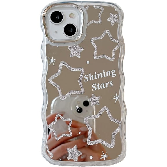 Mirror Case for iPhone 14 Pro,Curly Wave Frame Shape iPhone Case,Cute Stars Pattern Makeup Case for Women Girls,Shockproof Protective Cover Case for iPhone 14 Pro 6.1 inch