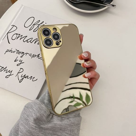 Mirror Case for iPhone 15 Pro Max , Mirror for Girls Women Makeup, Cute Glossy Hard Mirror Back+Clear Soft TPU Bumper Slim Fit Anti-drop Shockproof Protective Case for iPhone 15 Pro Max,Gold