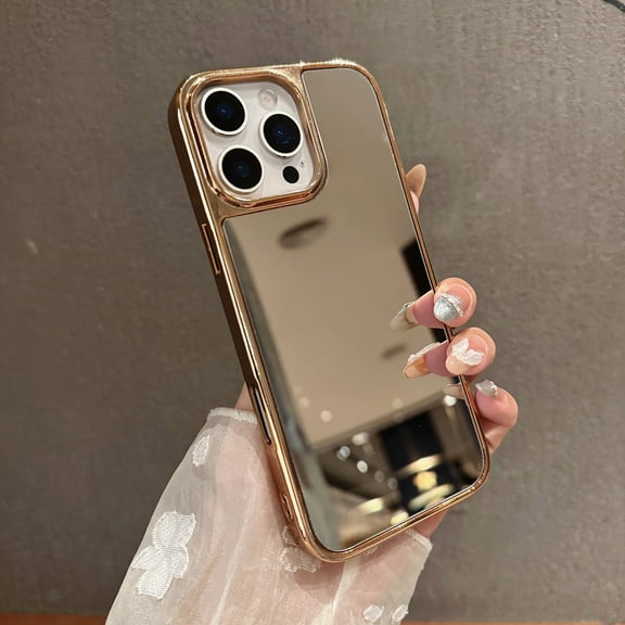 Mirror Case for iPhone 15 Pro, Mirror for Girls Women Makeup, Cute Glossy Hard Back Plating Edge Phone Bumper, Anti-Drop Shockproof Protective Phone Cover for iPhone 15 Pro, Gold
