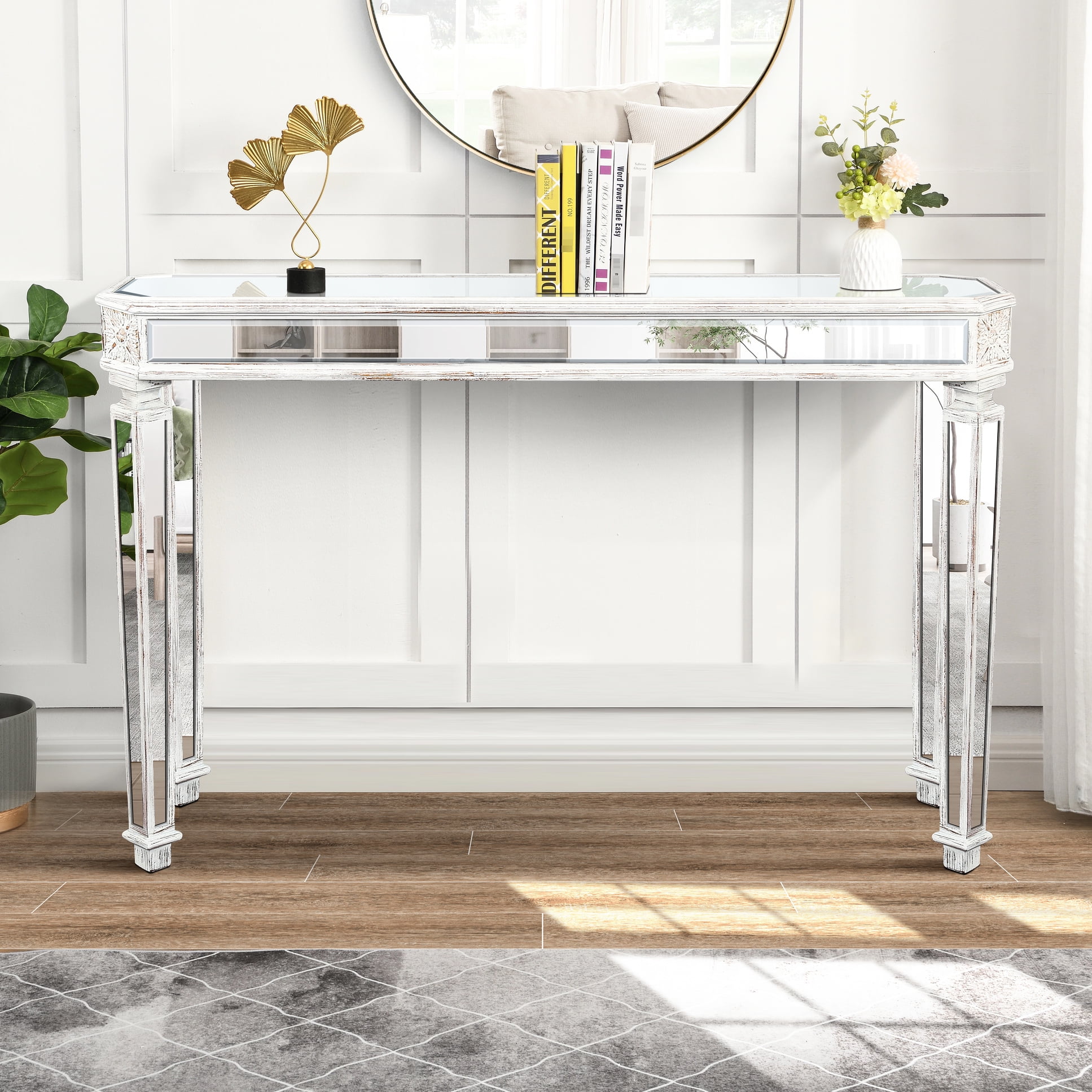 Mirror Console Table For Living Room - Vintage Style, Solid Wood Frame ...