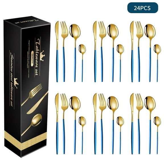 24-Piece Stainless Steel Cutlery Set Mirror Finish, Simple Handle Silverware, Service for 6, Modern Tableware for Home and Party_Blue Gold
