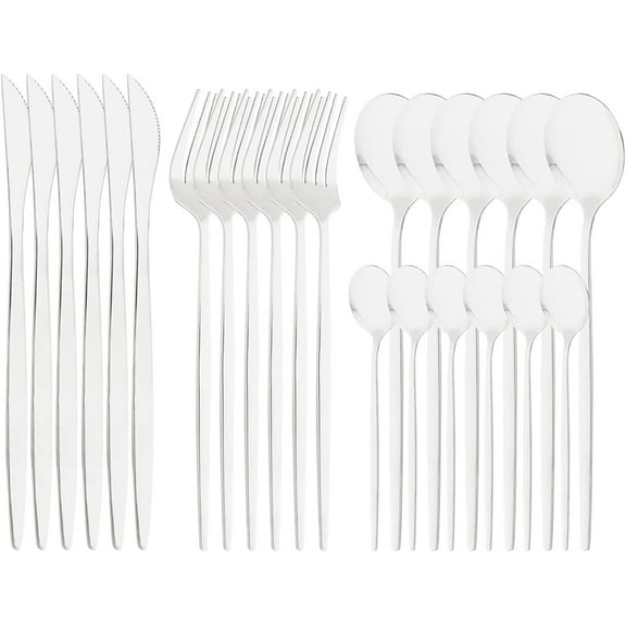 24-Piece Mirror Cutlery Set Stainless Steel Silverware with Modern Handle, Service for 6, Tableware for Home Party Dinner-Silver