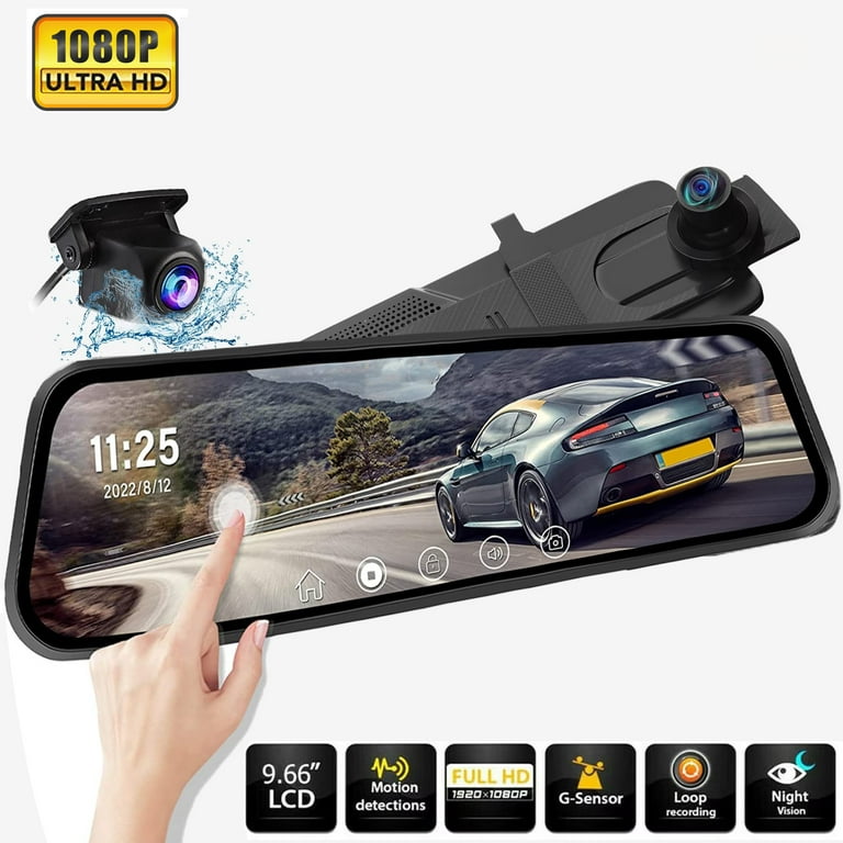 Mirror Dash Camera 10 inch Touch Screen, 1080p Dual Dash Cam Front and Rear View, Backup Camera Kit for Cars, Super Night Vision, Motion Detection, G