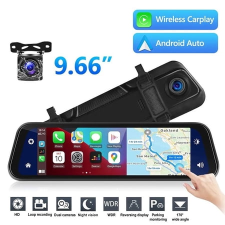 Mirror Dash Cam 9.66” Touchscreen, Dual Camera with Wireless CarPlay, Android Auto, 128GB Card, Night Vision, Parking Monitor, WDR, Loop Recording