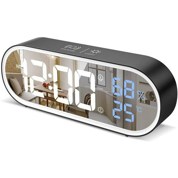 Mirror Digital Alarm Clock, Led Digital Clock, Large Time/Temperature/Humidity Display, 40 Ringtone Music, Snooze, Portable Morning Alarm Clock, Usb Charge, Black Alarm Clock