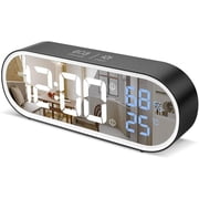 Mirror Digital Alarm Clock, Led Digital Clock, Large Time/Temperature/Humidity Display, 40 Ringtone Music, Snooze, Portable Morning Alarm Clock, Usb Charge, Black Alarm Clock