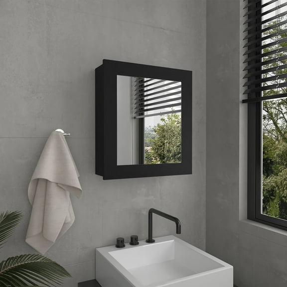 Mirror Door Cabinet - 20.5" High. Compact & Spacious For Kitchen, . Two Interior Shelves. . Easy Installation. Modern, Black Bath, Kit. Construction. Modern Look,