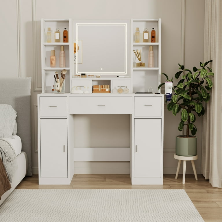 dressing table dressing FUFU&GAGA 5-Drawers White Makeup Vanity Sets Sets with LED Dimmable Mirror, Stool and 3-Tier Storage Shelves KF210141-01 designed dressing table features a smooth matte white finish and clean silhouette which subtly enhances the style of your home decor OJDHNJKNJ Dressing Table Solid Wood