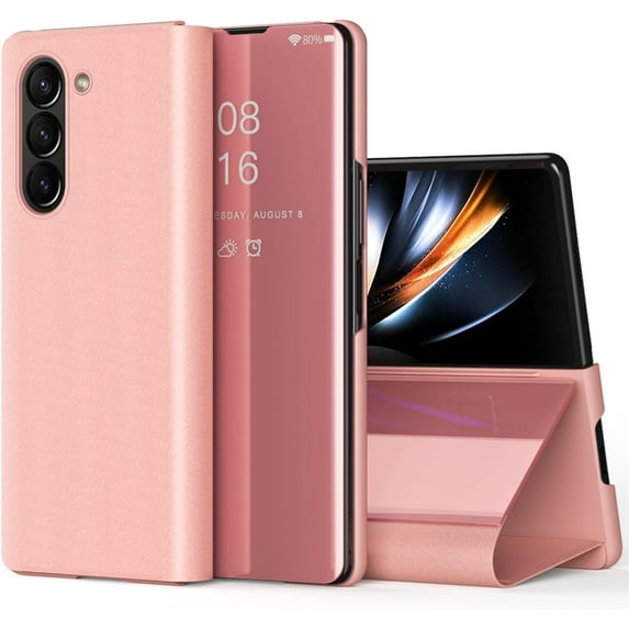 Mirror Flip Case for Samsung Galaxy Z Fold5 Support Wireless Charging, Clear View Window with Kickstand Thin Ultra Phone Case for Samsung Galaxy Z Fold 5 QH Rose Gold
