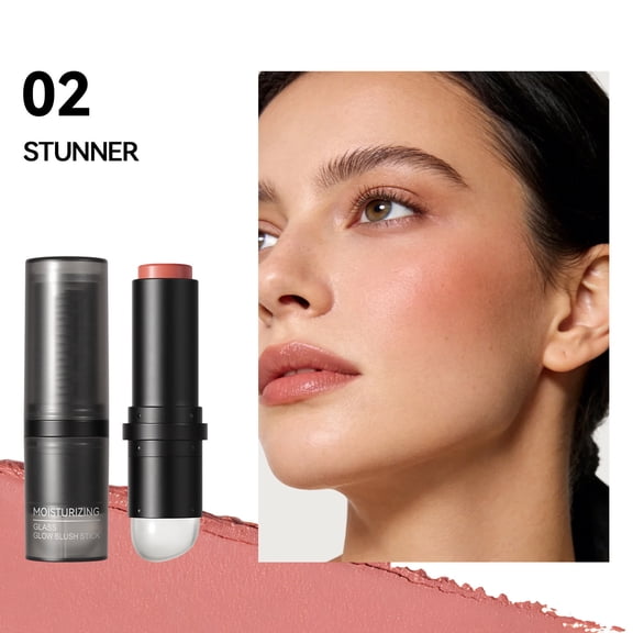 Mirror Glow Blush Stick 02 Stunner, Powder Blusher Cream with Silicone Puff, Natural Dyeing, Long Lasting Cheek Makeup