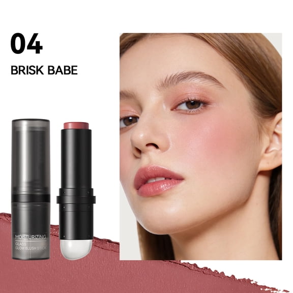 Mirror Glow Blush Stick 04 Brisk Babe, Powder Blusher Cream with Silicone Puff, Natural Dyeing, Long Lasting Cheek Makeup