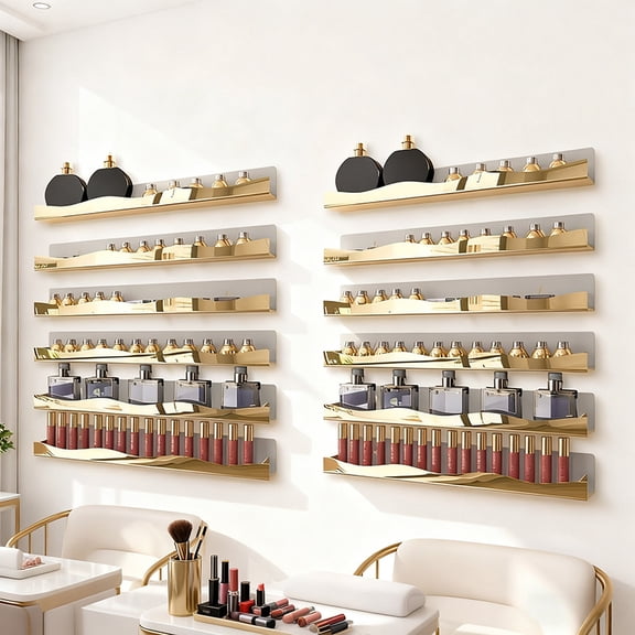 Mirror Golden Acrylic Nail Polish Rack, Wall Mounted Shelf for Nail Polish and Fashion Glasses or Essential Oil Storage Display, Floating Shelves for Decor